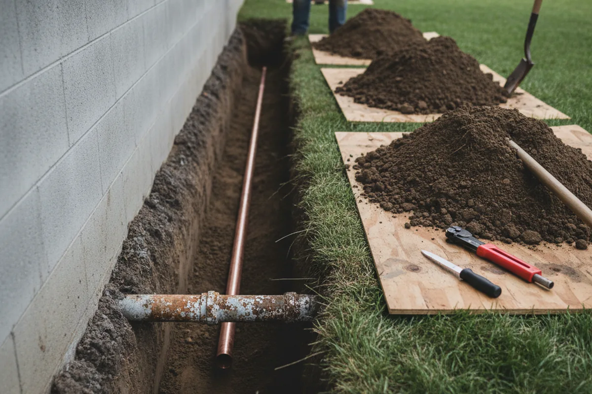 Excavated water line trench during Sewer Line Repair in Robins